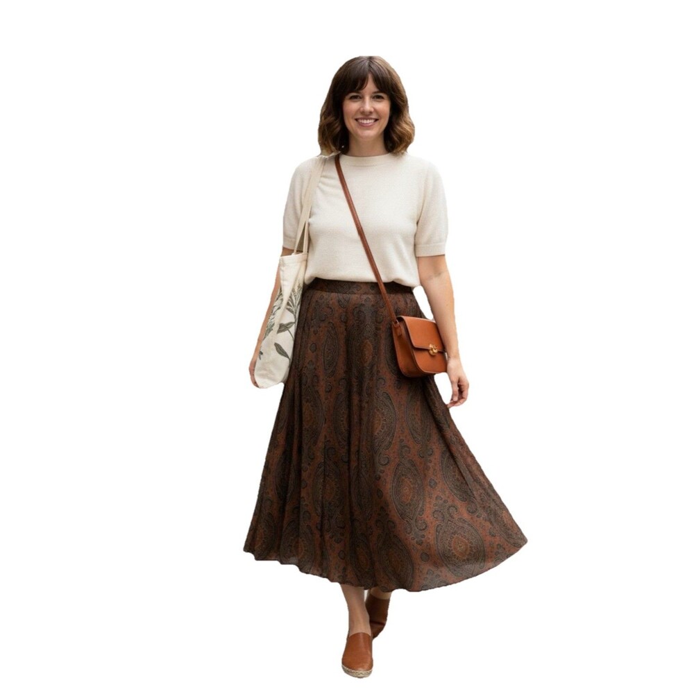 Vintage Ann Taylor Paisley Rayon Maxi Skirt Brown Gold Size 8 Pleated Boho 90s